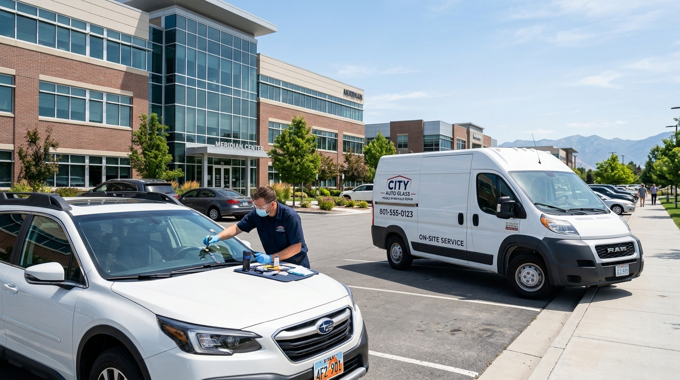 Mobile auto glass technician repairing a windshield rock chip with a resin injection tool in an office parking lot.