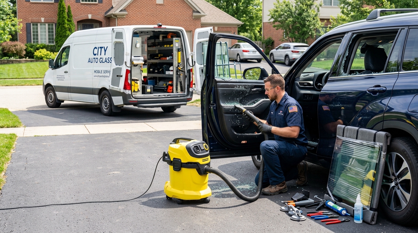 Mobile auto glass technician replacing a shattered side window and cleaning broken glass from a vehicle's interior.