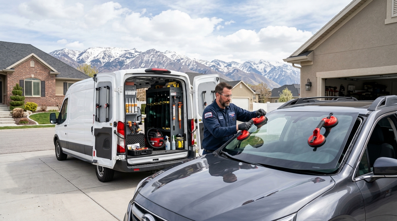 Certified mobile auto glass technician replacing a damaged windshield with a new laminated windshield at a customer's location.