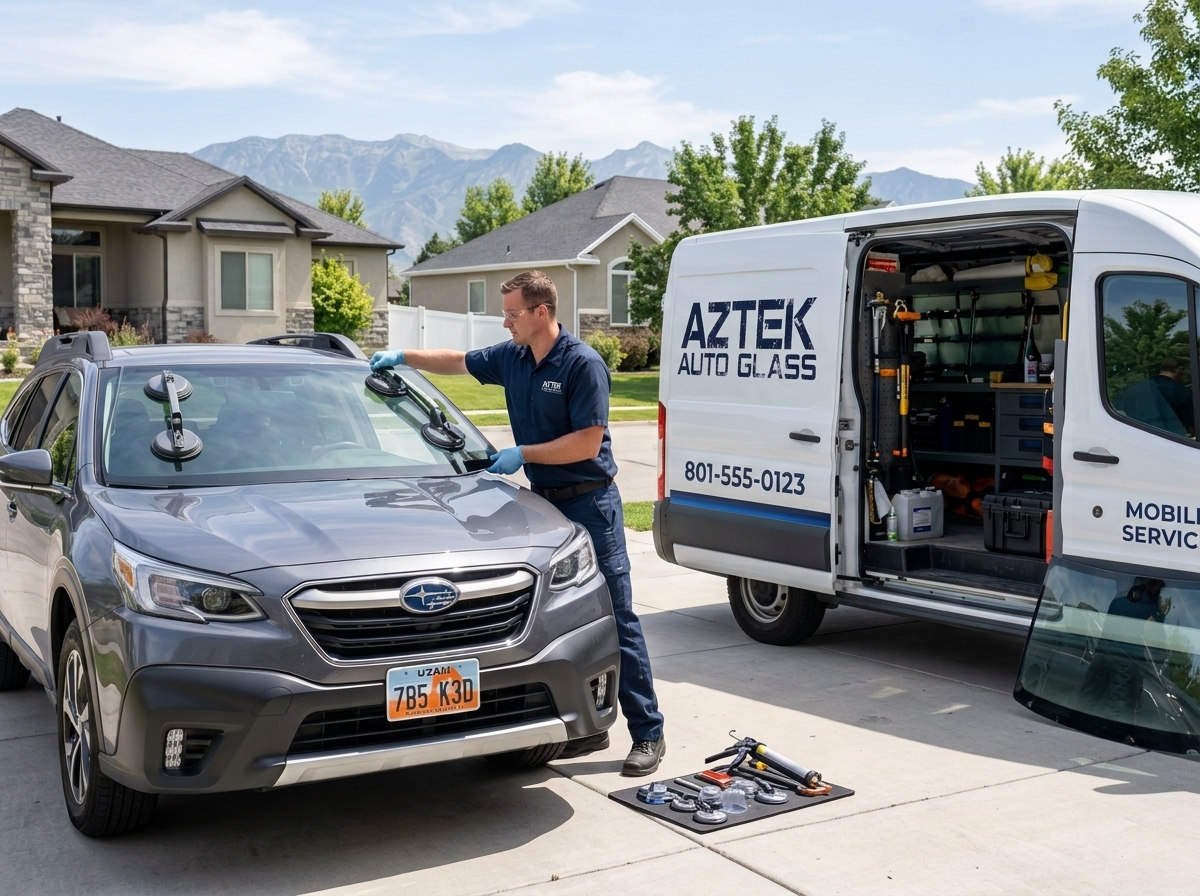 Certified Aztek Auto Glass technician performing a mobile windshield replacement at a customer's home in Salt Lake City.